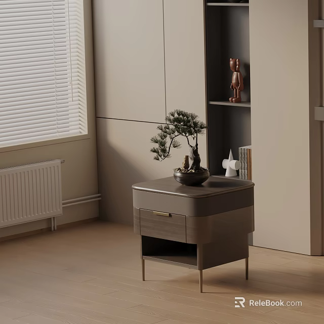 Modern Bedside Table In Room With Venetian Blinds Cabinet And Bonsai Plant 3d model 