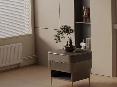 Modern Bedside Table In Room With Venetian Blinds Cabinet And Bonsai Plant 3d model