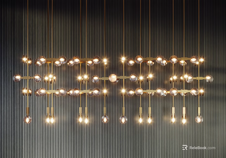 Illuminated Golden Chandeliers with Round Bulbs and Metal Bars Hanging on Dark Vertical Striped Background 3d model 