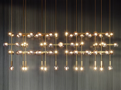 Illuminated Golden Chandeliers with Round Bulbs and Metal Bars Hanging on Dark Vertical Striped Background 3d model