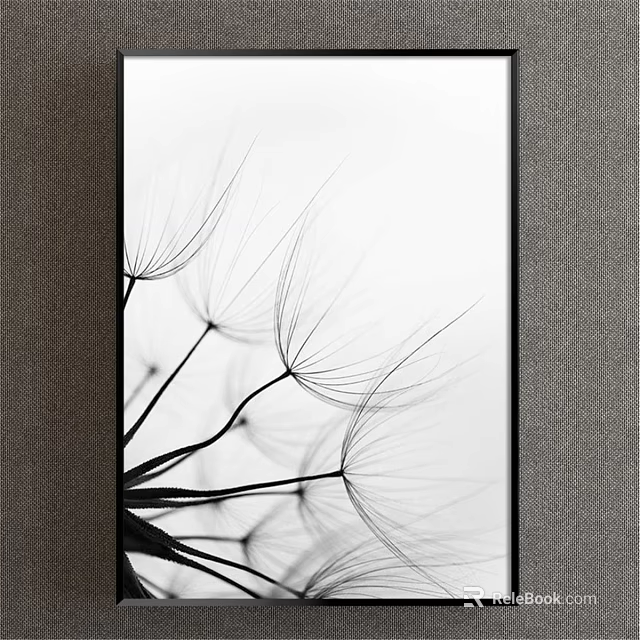 Black and White Dandelion Plant Painting Framed in Black Frame Against Grey Wall 3d model 