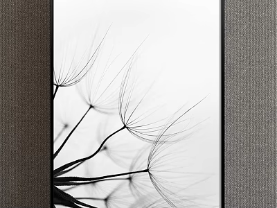 Black and White Dandelion Plant Painting Framed in Black Frame Against Grey Wall 3d model