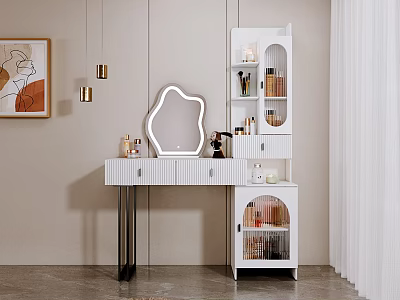 White Modern Dressing Table with Decorative Mirror and Cosmetic Storage Cabinet 3d model