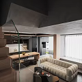 Modern Living Dining Room Interior Design With Wooden Shelves Sofa Staircase TV Unit And Plant