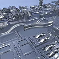Detailed Metal City Model with 3D Architectural Structures and Urban Layout