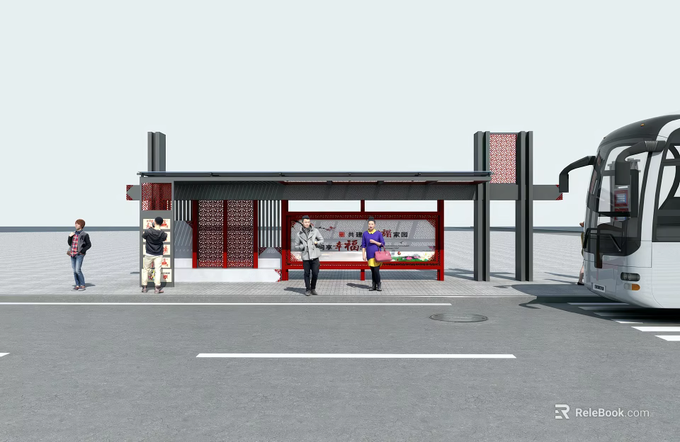 Traditional Red Framed Bus Shelter At Station With Waiting People And Nearby Bus 3d model 