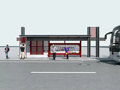 Traditional Red Framed Bus Shelter At Station With Waiting People And Nearby Bus 3d model