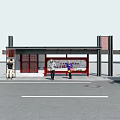 Traditional Red Framed Bus Shelter At Station With Waiting People And Nearby Bus