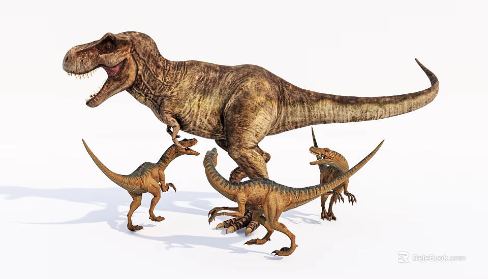 Reptile Dinosaurs Group With Adult T Rex And Baby Dinosaurs Standing Together 3d model 