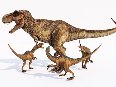 Reptile Dinosaurs Group With Adult T Rex And Baby Dinosaurs Standing Together 3d model