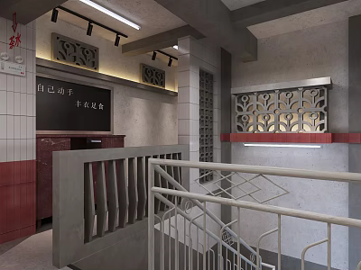 Traditional Chinese Style Restaurant Interior With Carved Decorations Counter And Staircase 3d model