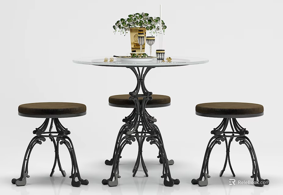 Round Glass Top Dining Table Set With Black Metal Base And Three Brown Cushioned Stools 3d model 