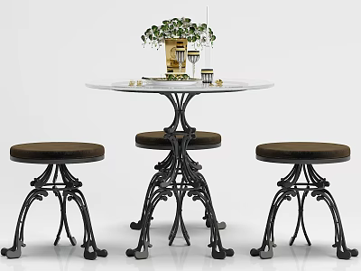 Round Glass Top Dining Table Set With Black Metal Base And Three Brown Cushioned Stools 3d model