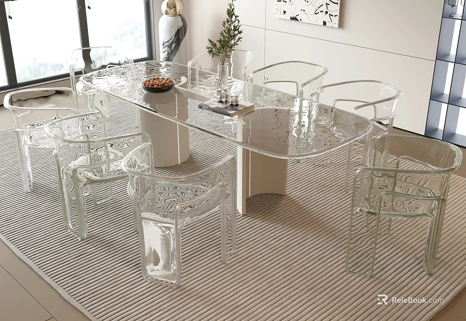 Modern Transparent Glass Dining Set with Oval Table and Clear Acrylic Chairs on Striped Rug 3d model 