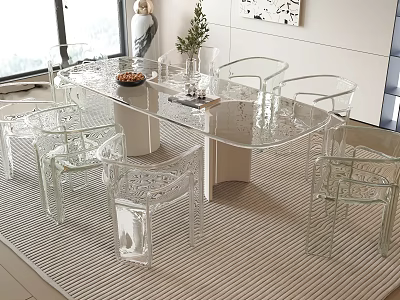 Modern Transparent Glass Dining Set with Oval Table and Clear Acrylic Chairs on Striped Rug 3d model