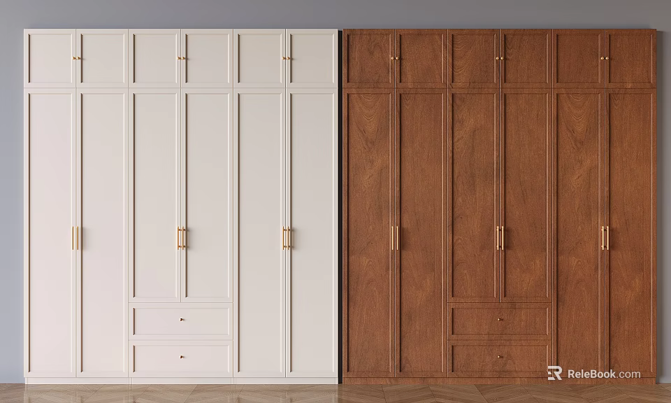 Modern White and Brown Wardrobe with Cabinet Doors Drawers and Golden Handles 3d model 