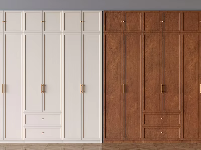 Modern White and Brown Wardrobe with Cabinet Doors Drawers and Golden Handles 3d model