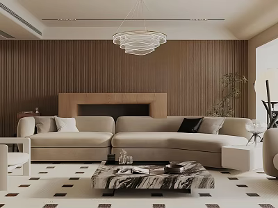 Modern Living Room Interior With Brown Striped Walls Circular Pendant Light And Beige L-shaped Sofa 3d model