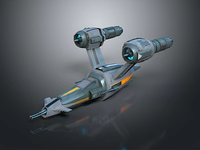 Futuristic Spaceship Model With Dual Engines Gray Metallic Body Blue Accents And Yellow Stripes 3d model