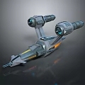 Futuristic Spaceship Model With Dual Engines Gray Metallic Body Blue Accents And Yellow Stripes