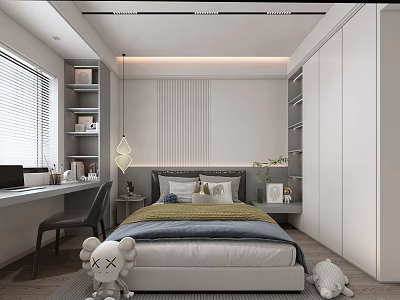 Modern Minimalist Kids Room With Bed Pillows Quilt Desk Chair Wardrobe Bookshelves And Stuffed Toys 3d model