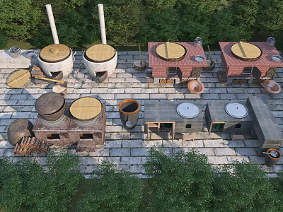 Traditional Rustic Cabinets With Stone Clay Stoves In Natural Outdoor Garden Setting 3d model