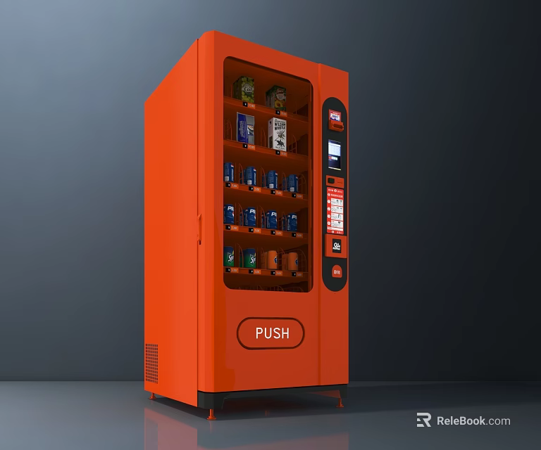 Orange Fridge Freezer Vending Machine Stocked With Various Drinks Featuring Push Button Operation 3d model