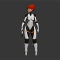 Red Haired Character In White Black And Orange Bodysuit Holding Device On Dark Background
