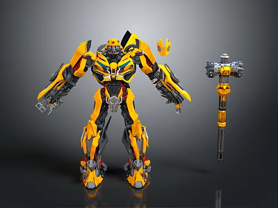 Detailed Yellow Mechanical Robot Character With Weapon Accessory And Armor Details 3d model