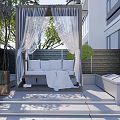 Modern Courtyard Garden With Green Wall and Metal Gate Colorful Flowers And Stone Pathway