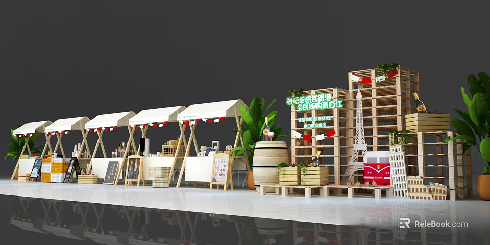 Traditional Chinese Time-Honored Brand Block Scene With White Canopies Wooden Shelves And Green Plants 3d model 