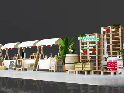 Traditional Chinese Time-Honored Brand Block Scene With White Canopies Wooden Shelves And Green Plants 3d model