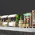 Traditional Chinese Time-Honored Brand Block Scene With White Canopies Wooden Shelves And Green Plants