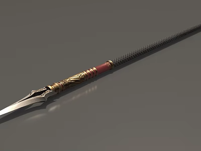 Traditional Decorative Spear with Intricate Metal Spearhead Black Braided Shaft and Red Gold Carved Rings 3d model