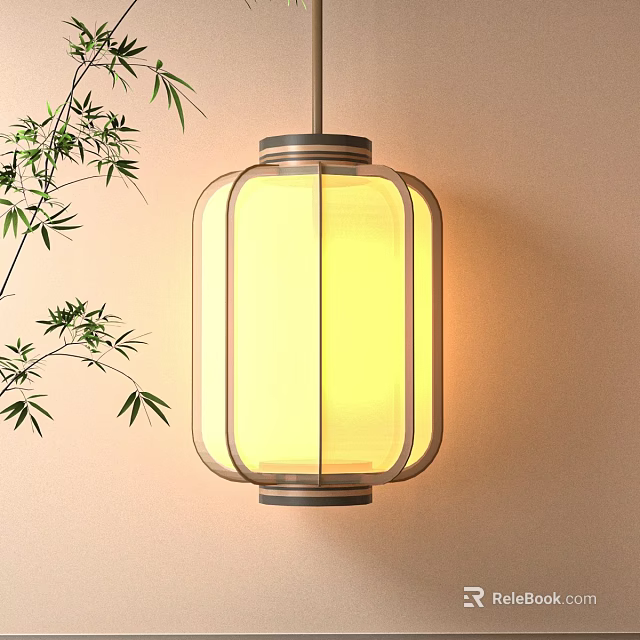 Illuminated Chinese Style Hanging Lantern With Bamboo Leaves And Light Wall 3d model 