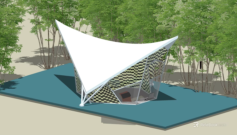 Modern Outdoor Structure With White Tension Membrane Roof And Checkered Walls Surrounded By Trees 3d model 