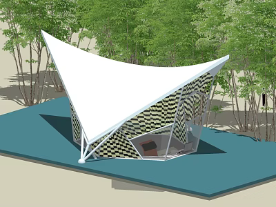 Modern Outdoor Structure With White Tension Membrane Roof And Checkered Walls Surrounded By Trees 3d model