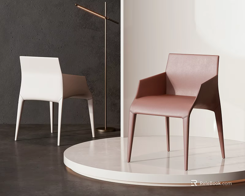 Modern Minimalist Single Chair in White and Blush Leather with Armrests on Round Display Platform 3d model 
