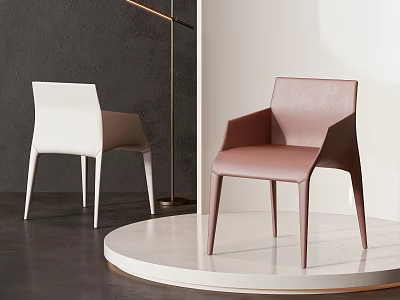 Modern Minimalist Single Chair in White and Blush Leather with Armrests on Round Display Platform 3d model