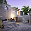 Courtyard Garden Outdoor Space With Large Tree Dining Set Swimming Pool And Plants