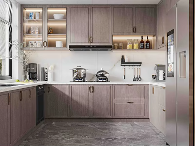 Modern Kitchen Interior Design With Wooden Cabinets Stainless Steel Refrigerator And Appliances 3d model