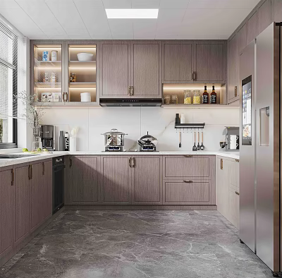 Modern Kitchen Interior Design With Wooden Cabinets Stainless Steel Refrigerator And Appliances 3d model
