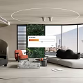 Modern Living Room Interior With Circular Ceiling Light Spiral Staircase City View And Green Plant