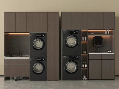 Modern Dark Brown Balcony Cabinet with Stacked Washing Machines and Storage 3d model
