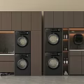 Modern Dark Brown Balcony Cabinet with Stacked Washing Machines and Storage