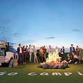 Garden Landscape With Bonfire Group Of People Camping Van Tent And Outdoor Camping