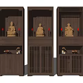 Chinese Style Wooden Buddhist Shrine Cabinet Featuring Buddha Statues Candles And Lattice Doors
