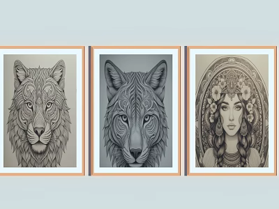 Framed Line Drawing Portrait Wall Art with Tiger Wolf and Female Faces 3d model
