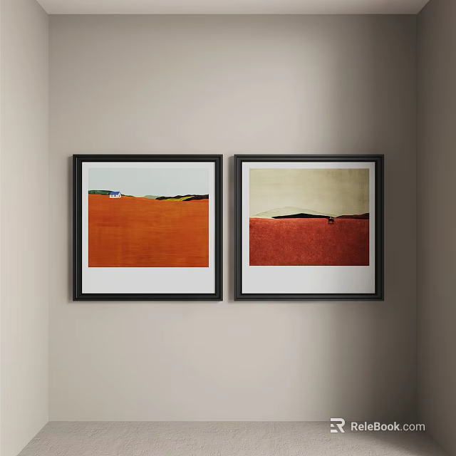 Two Black Framed Abstract Paintings Featuring Orange Red Beige Green White Tones On Light Wall 3d model 