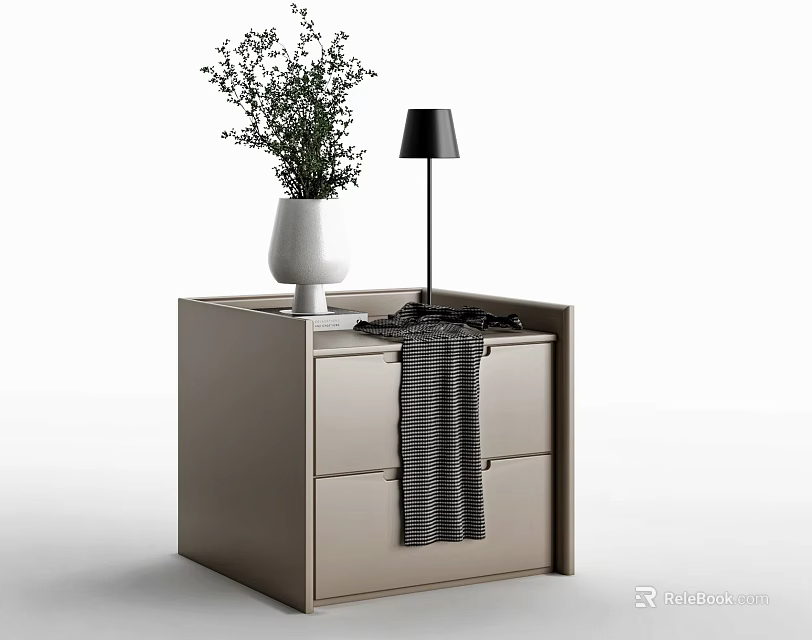 Light Beige Nightstand with White Vase Green Plant Black Lamp and Striped Blanket 3d model 